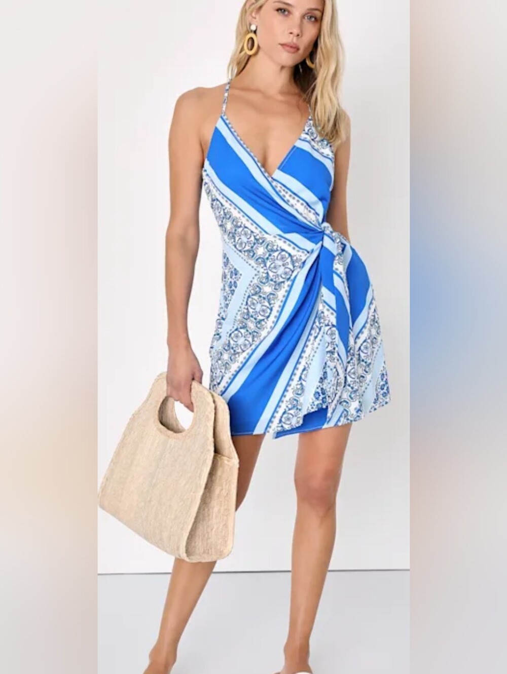 EUC....Lulu's Every Angle Blue Sleeveless Print Wrap Mini Dress Size Small